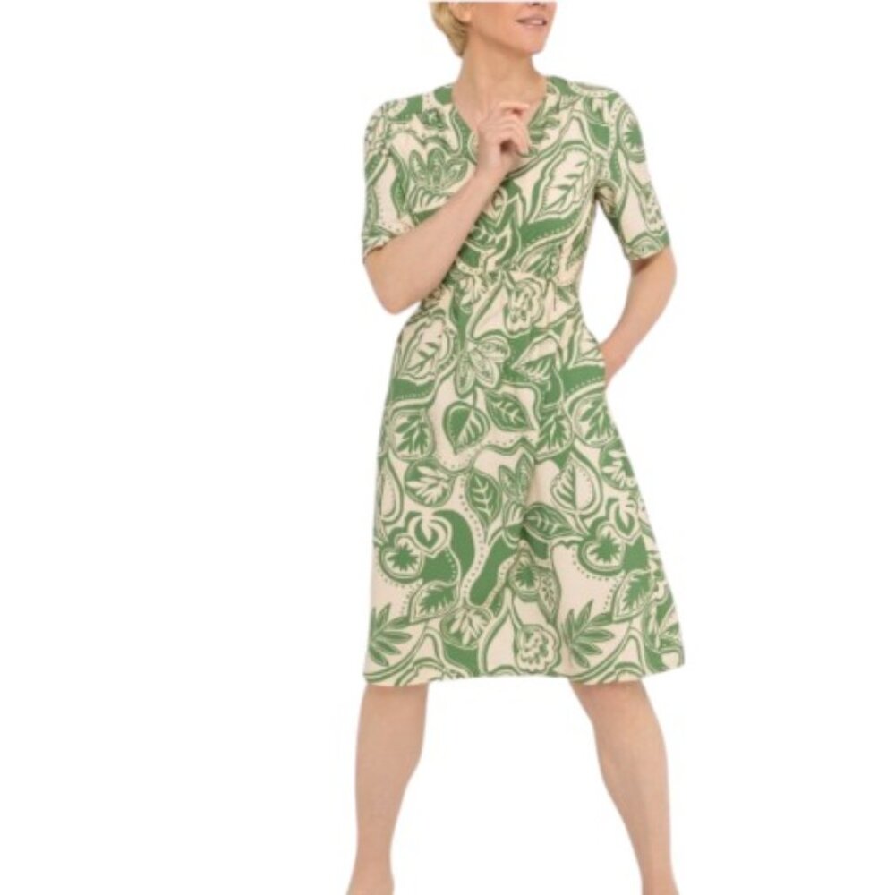 Bonita Womens A Line Dress Cream Green Batik Floral V Neck Pockets Coastal M